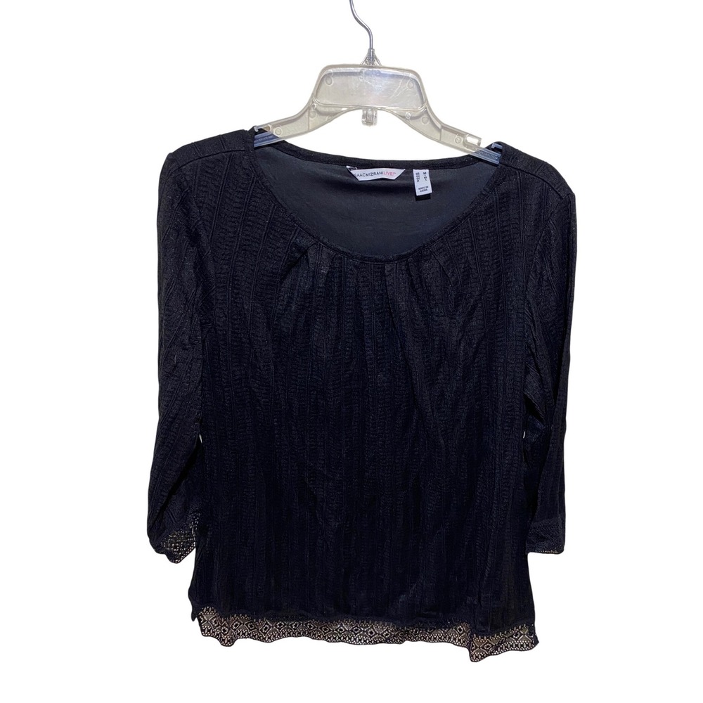 Isaac Mizrahi‎ Live! Black Textured Lace Trim 3/4 Sleeve Top Blouse Medium